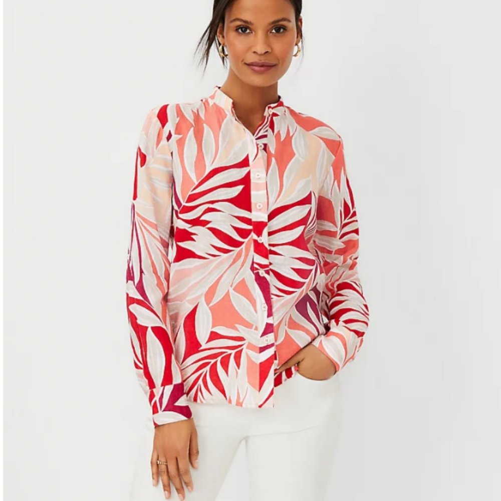 ANN TAYLOR Tropical Relaxed Roll Tab Pure Linen Shirt - Sz S Petite
